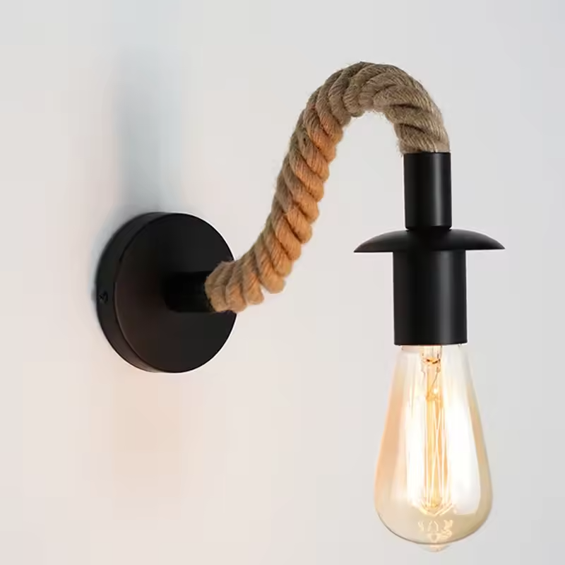 ArdentWeave | Rustic Iron Wall Lamp with Hemp Rope Decor