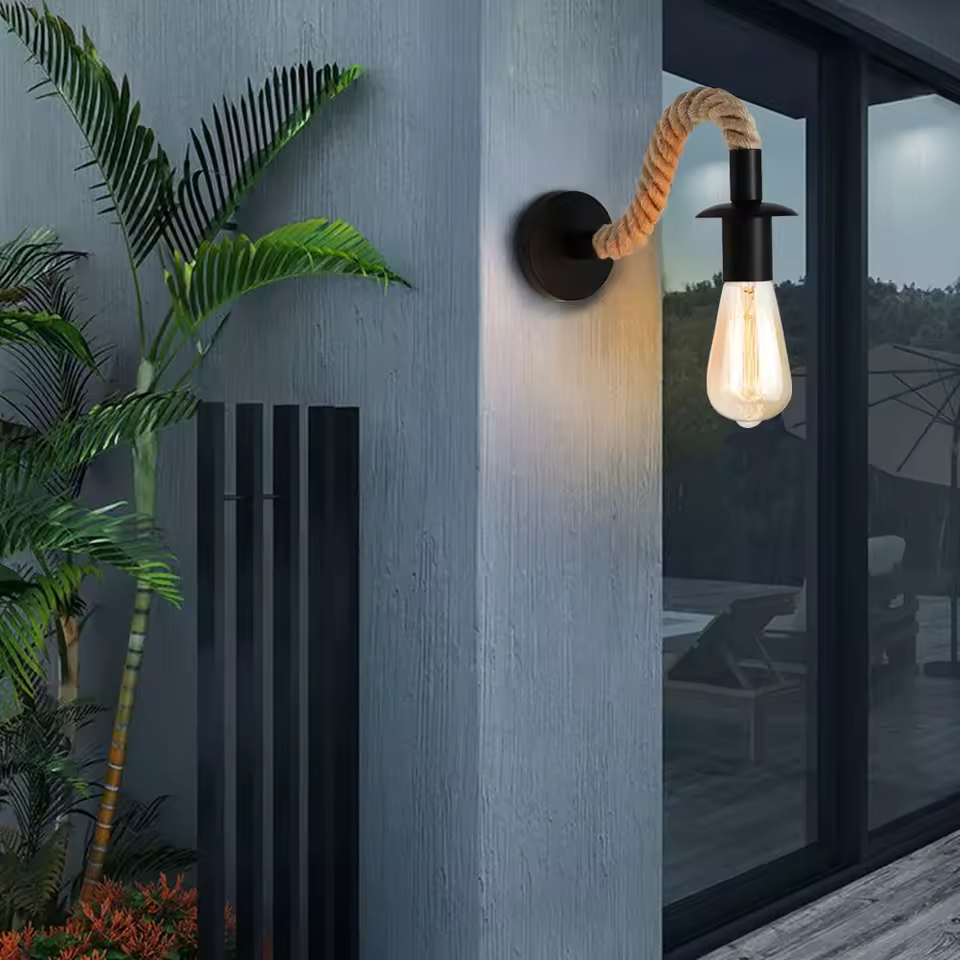 ArdentWeave | Rustic Iron Wall Lamp with Hemp Rope Decor